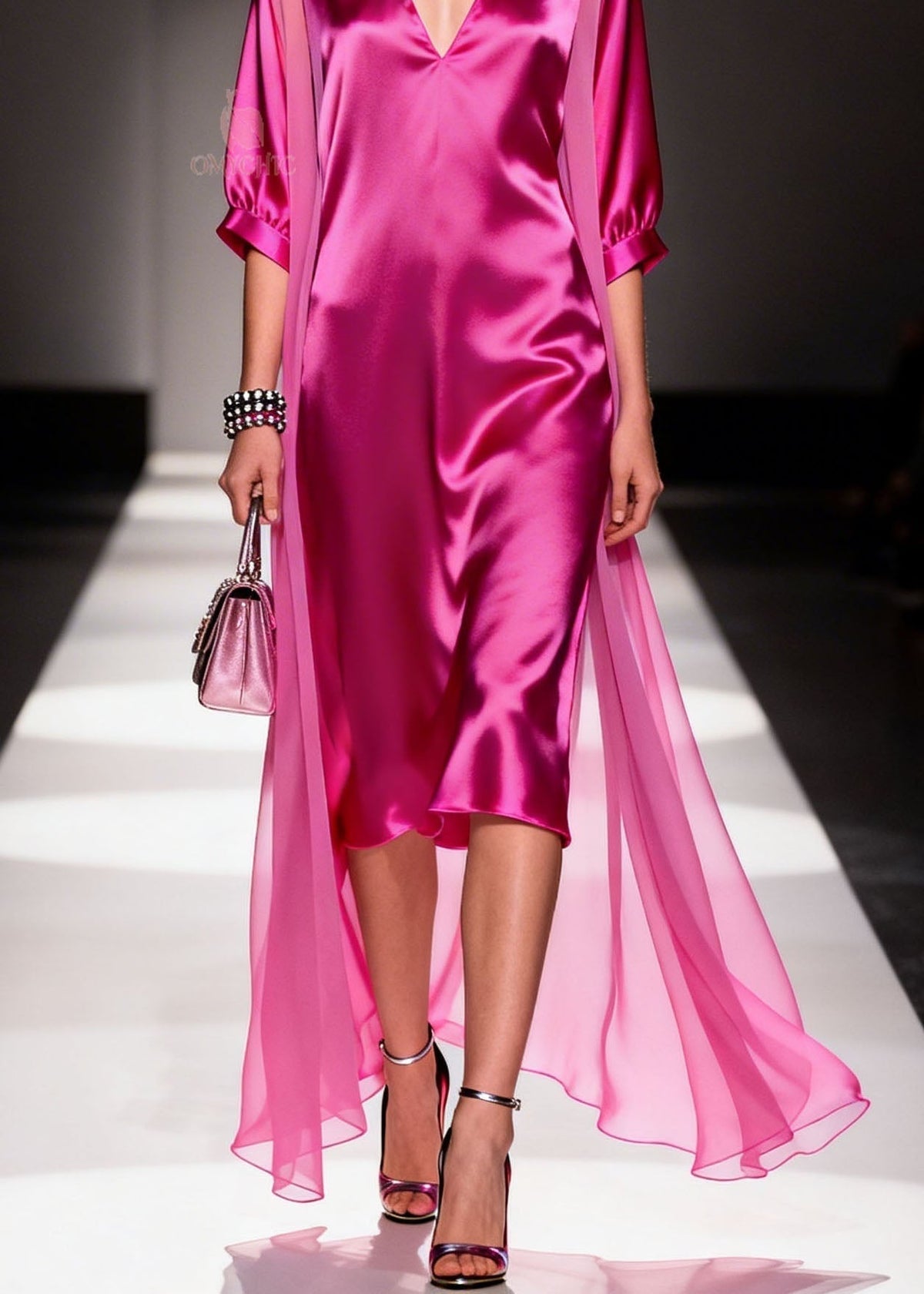 Satin Deep V-Neck Puff Sleeve Midi Sheer Floor Length Cape Set - View 4