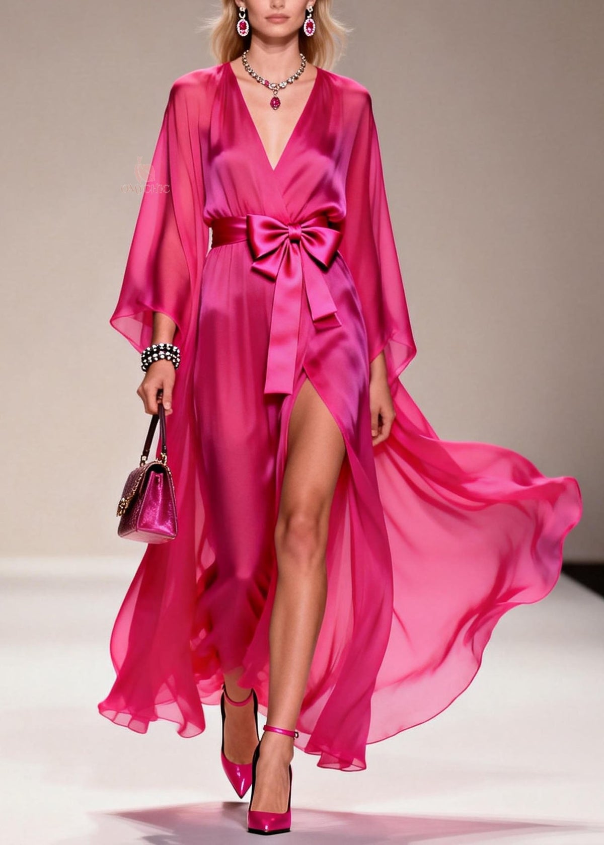 Chiffon Deep V-Neck Cape Sleeve Bow Belt High Split Wrap Maxi Gown