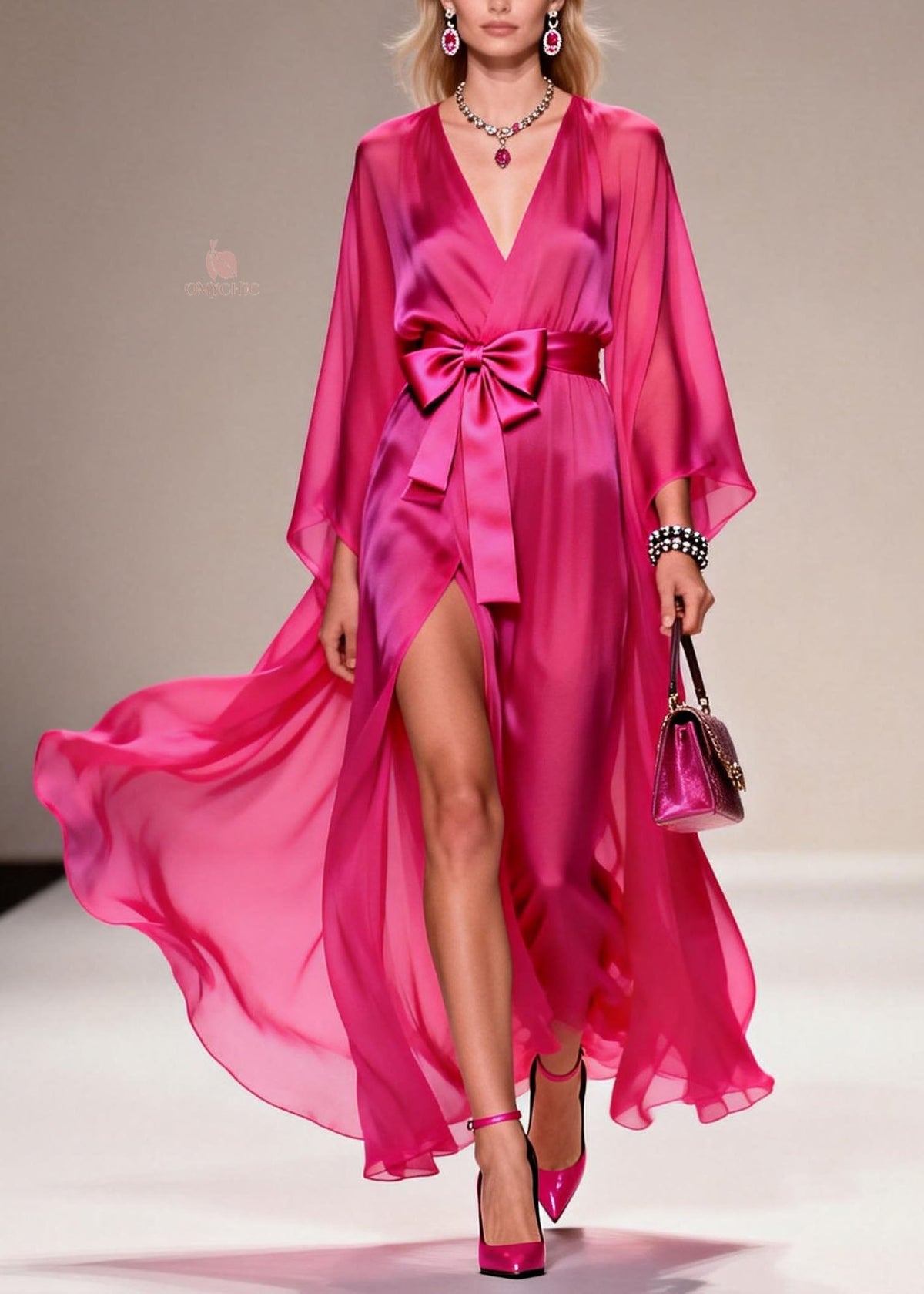 Chiffon Deep V-Neck Cape Sleeve Bow Belt High Split Wrap Maxi Gown - View 3
