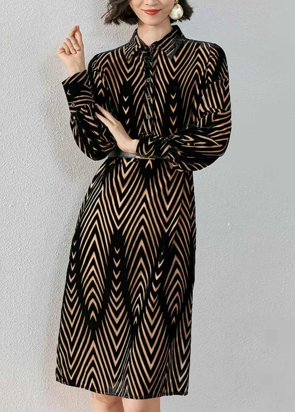 Geometric Chevron Burnout Velvet Long Sleeve Shirt Dress - View 3