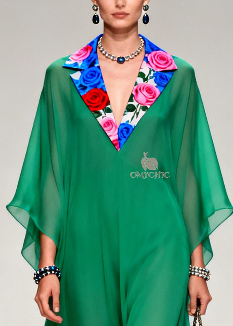 Chiffon Floral Lapel Collar Butterfly Sleeve Kaftan Maxi Gown - View 2