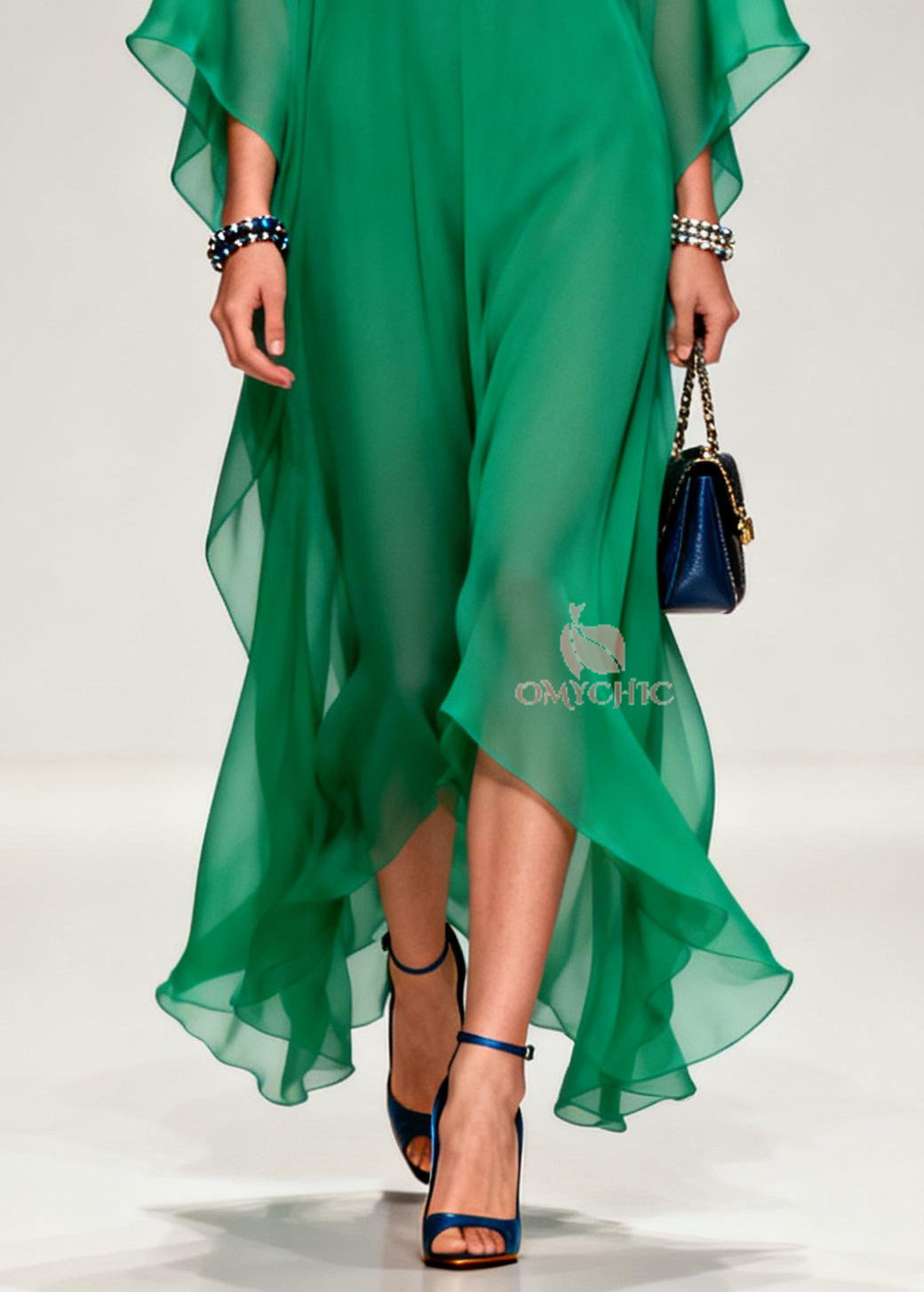 Chiffon Floral Lapel Collar Butterfly Sleeve Kaftan Maxi Gown - View 4