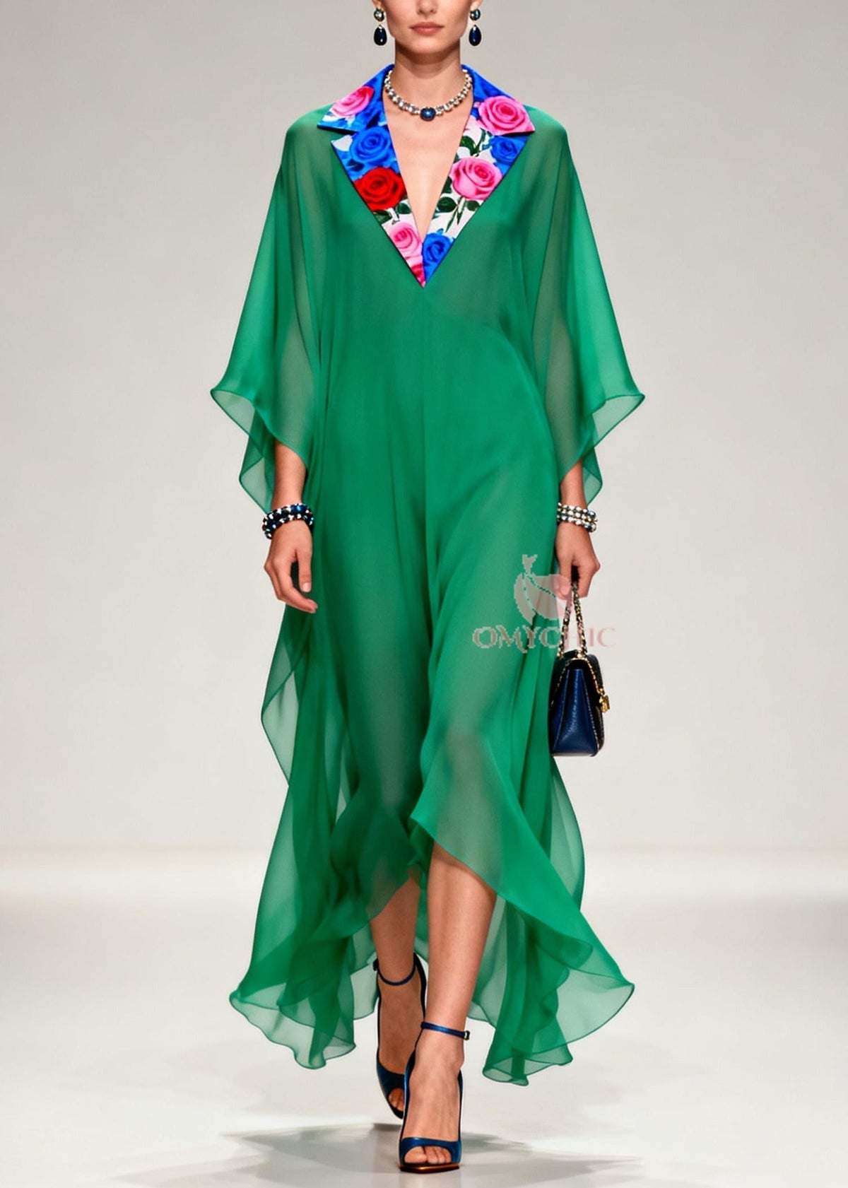 Chiffon Floral Lapel Collar Butterfly Sleeve Kaftan Maxi Gown - View 5