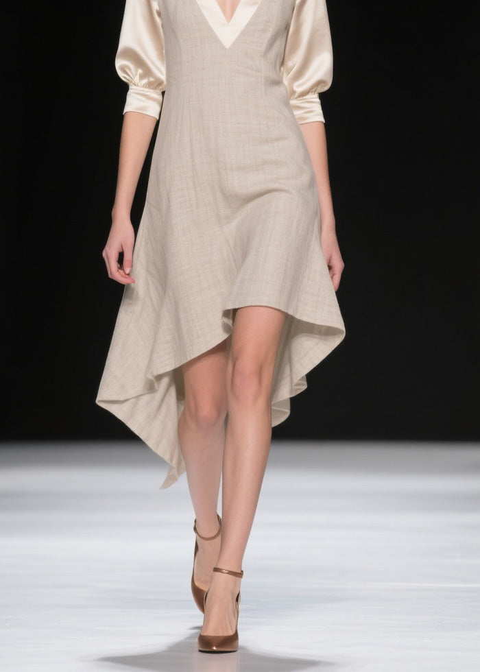 Deep V-Neck Puff Sleeve Satin Inset A-Line Midi Dress - View 4