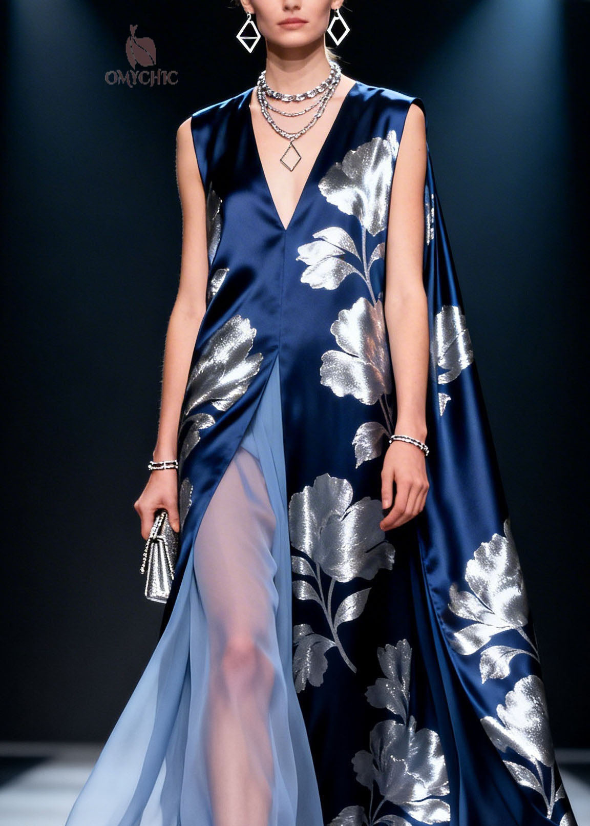 Satin Metallic Floral Print V-Neck Sleeveless Maxi Gown - View 2