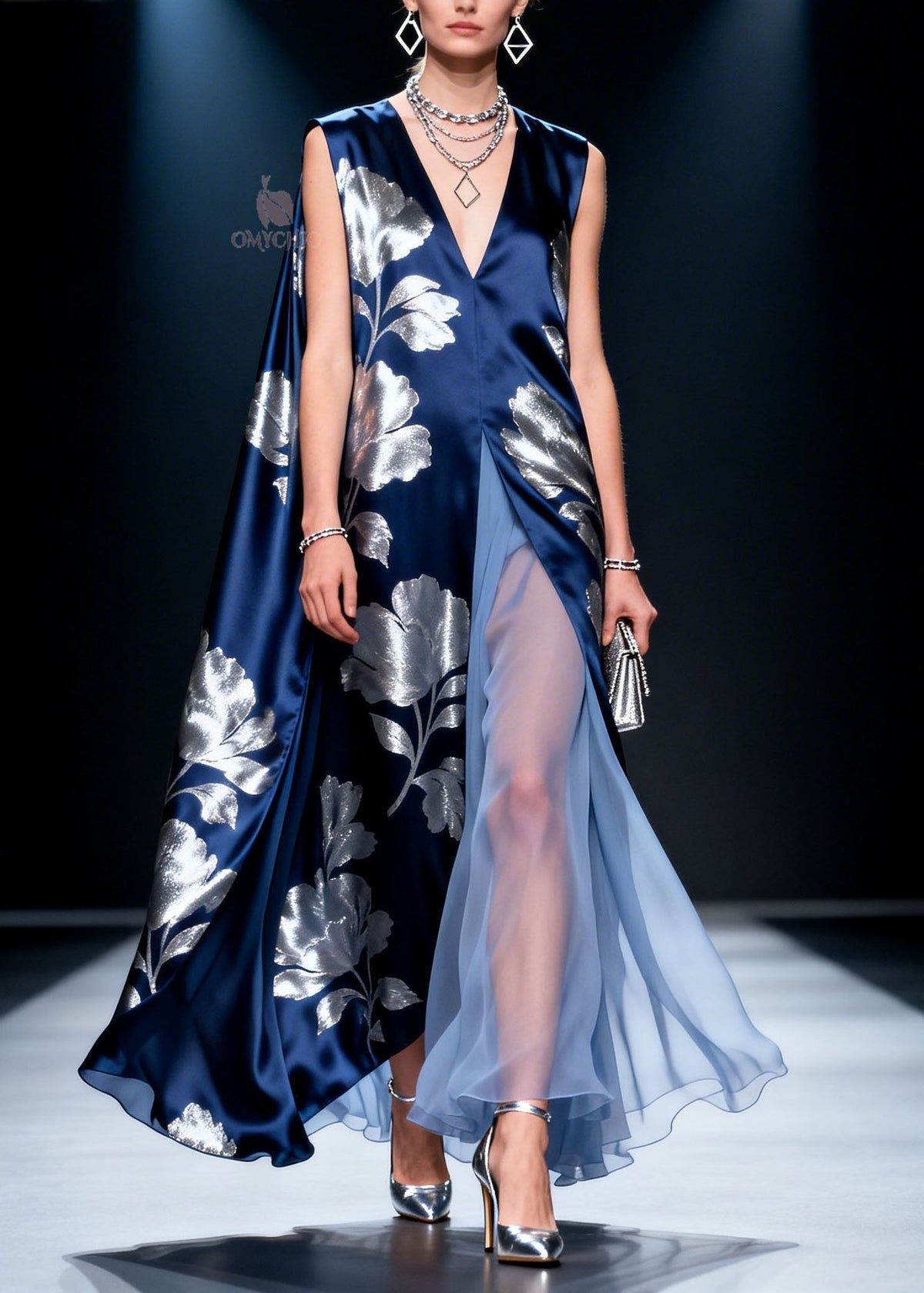 Satin Metallic Floral Print V-Neck Sleeveless Maxi Gown - View 3