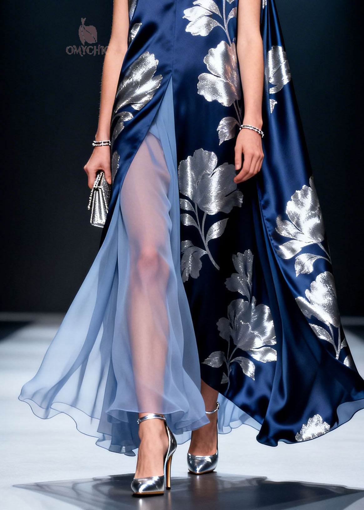 Satin Metallic Floral Print V-Neck Sleeveless Maxi Gown - View 4