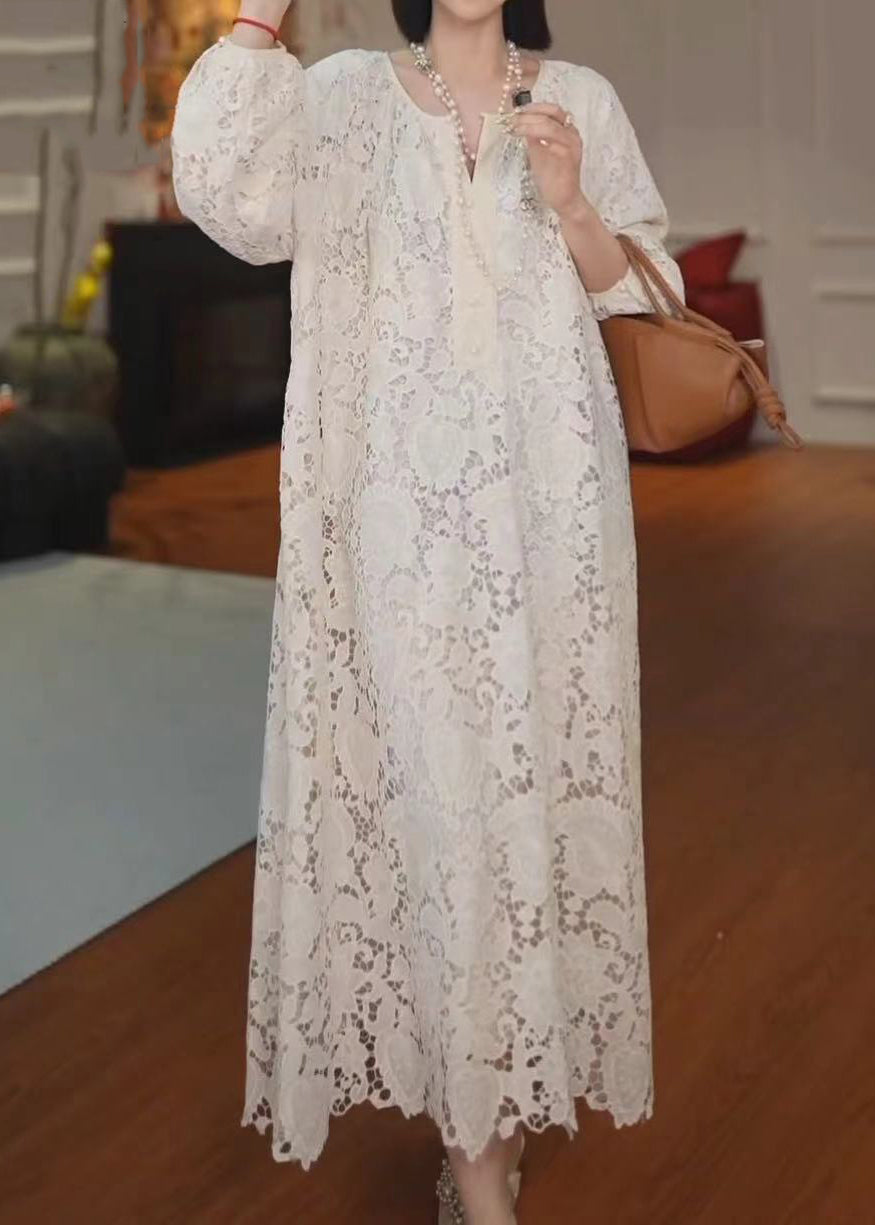 Floral Lace Split V-Neck Lantern Sleeve Scalloped Hem Maxi Dress