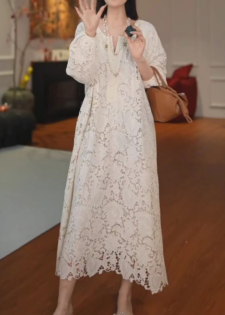 Floral Lace Split V-Neck Lantern Sleeve Scalloped Hem Maxi Dress - View 3