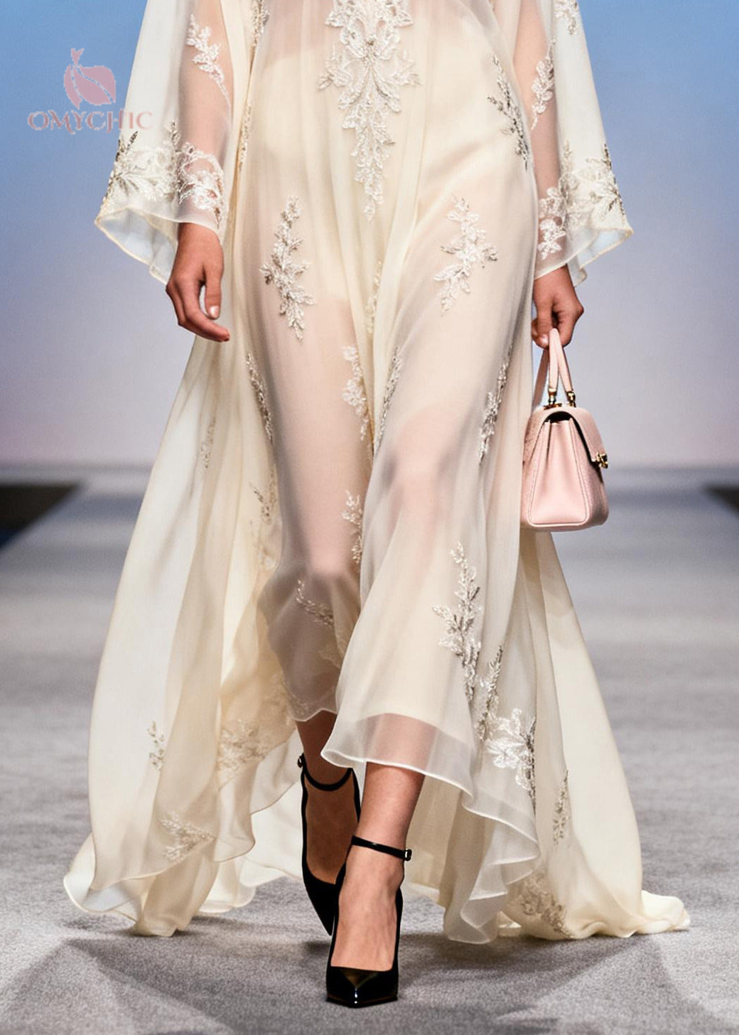 Floral Embroidered Sheer Deep V-Neck Bell Sleeve Layered Maxi Gown - View 4