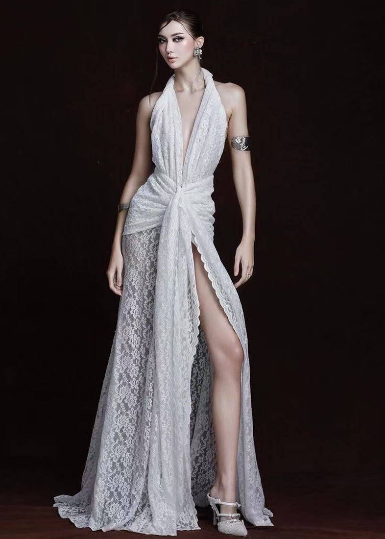 Lace Halter Neck High Split Maxi Dress