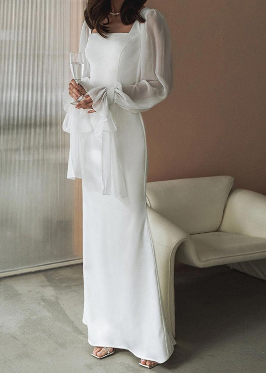 Square Neck Sheer Puff Sleeve Ribbon Tie Cuff Ruffle Trim Maxi Gown