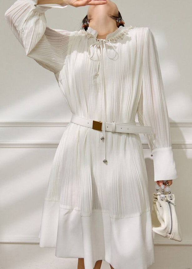 Pleated Pearl Trim Ruffle Collar Tie Neck Belted Mini Dress - View 3