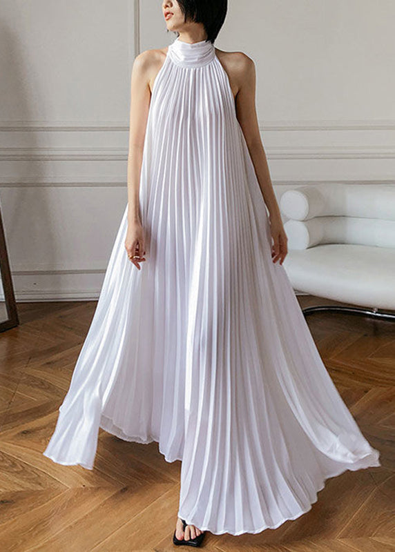 Halter Neck Sleeveless Pleated Flowy Chiffon Maxi Dress