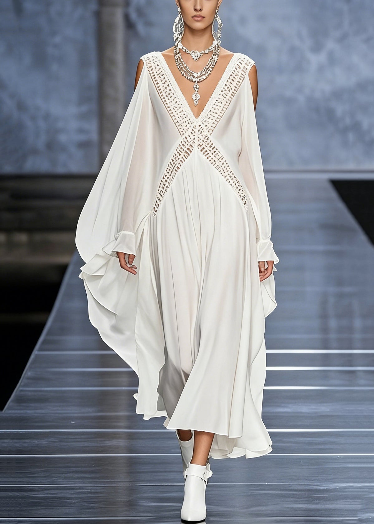 French White V Neck Hollow Out Chiffon Maxi Dresses Butterfly Sleeve - View 5
