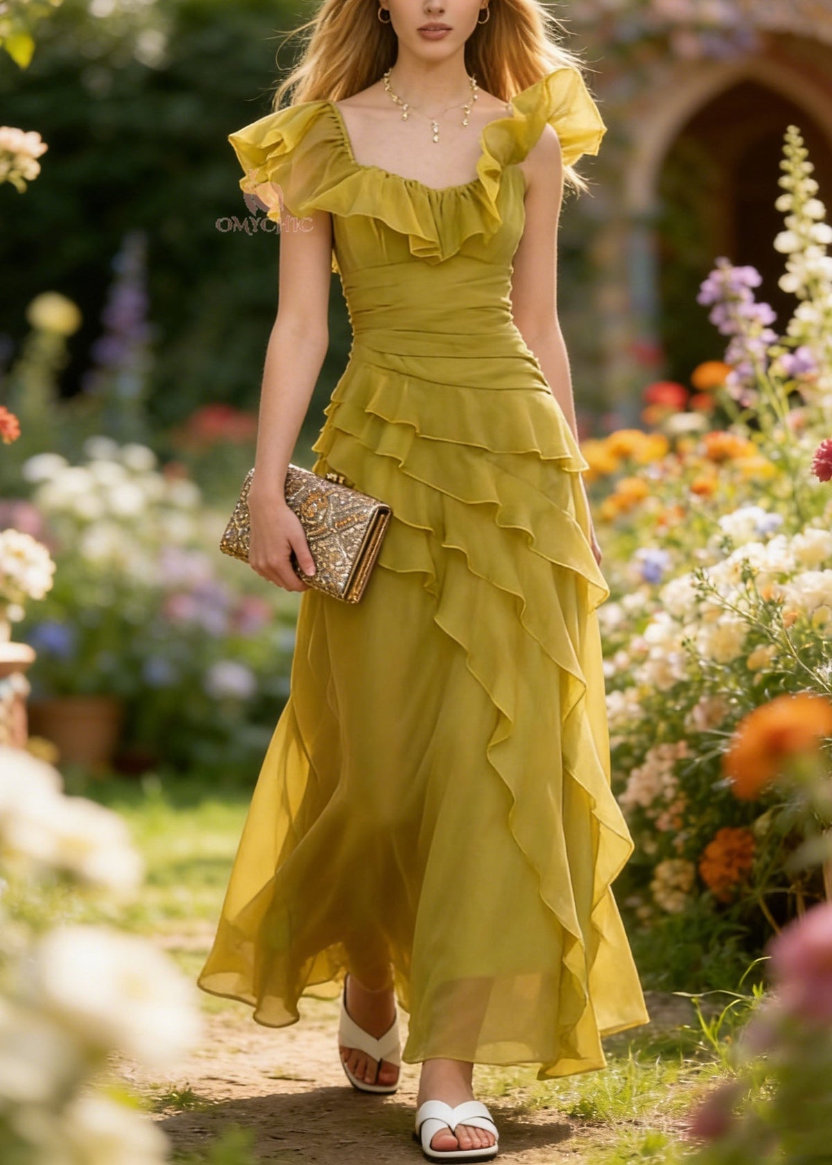 French Yellow Green Ruffled Patchwork Chiffon Dresses Summer - View 5
