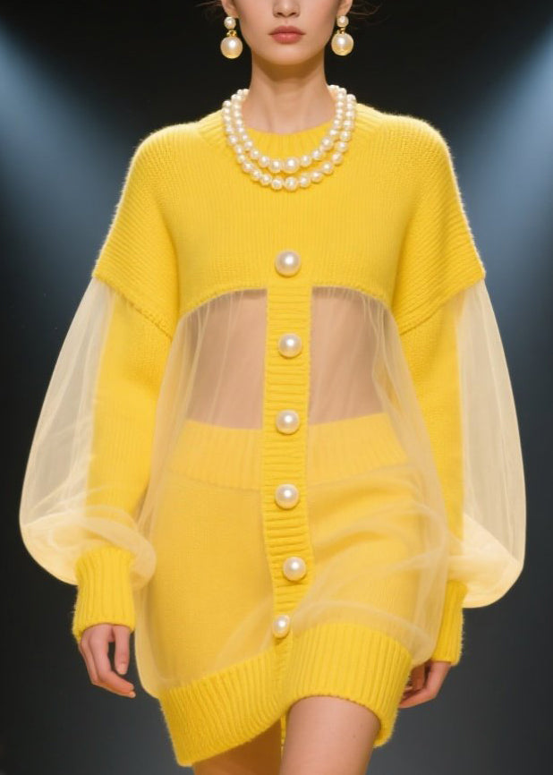 Knit Pearl Button Sheer Mesh Balloon Sleeve Mini Dress - View 2
