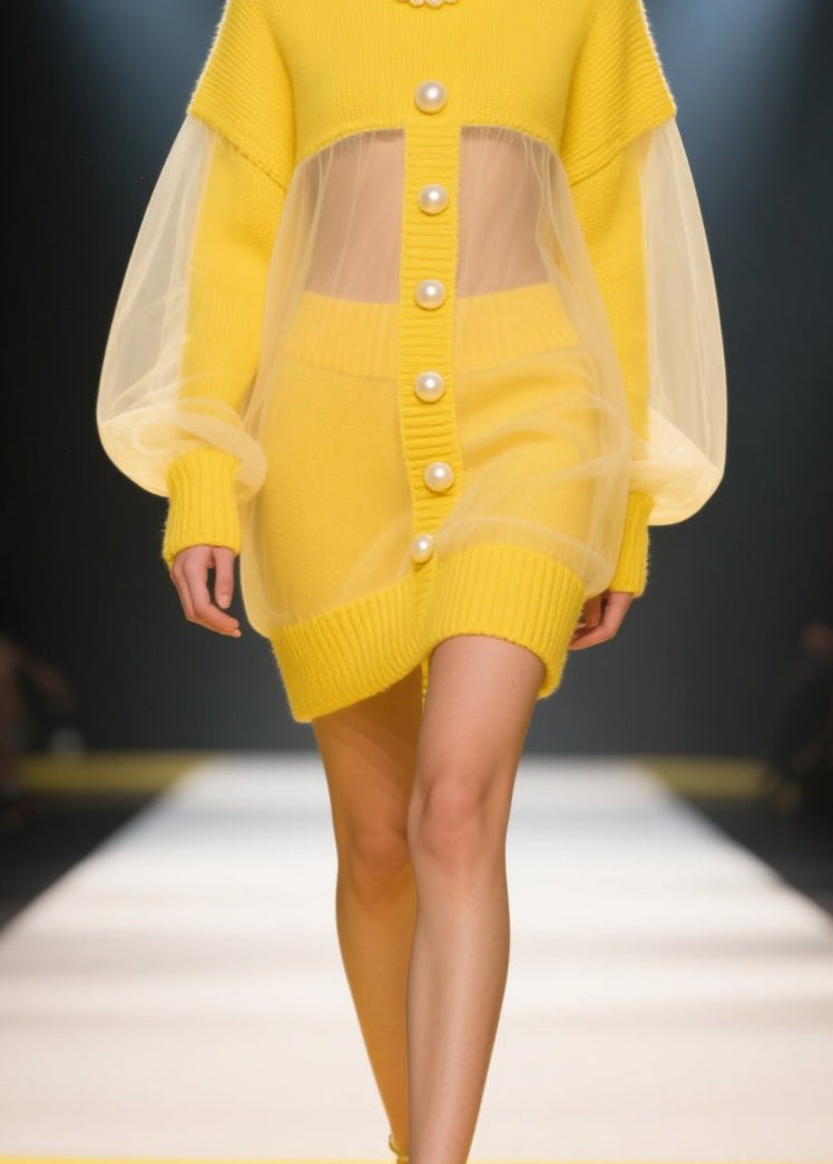 Knit Pearl Button Sheer Mesh Balloon Sleeve Mini Dress - View 4