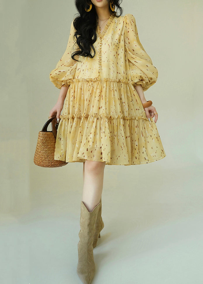 French Yellow Ruffled Print Tie Waist Chiffon Dress Fall - View 3