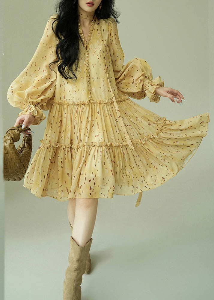 French Yellow Ruffled Print Tie Waist Chiffon Dress Fall - View 4