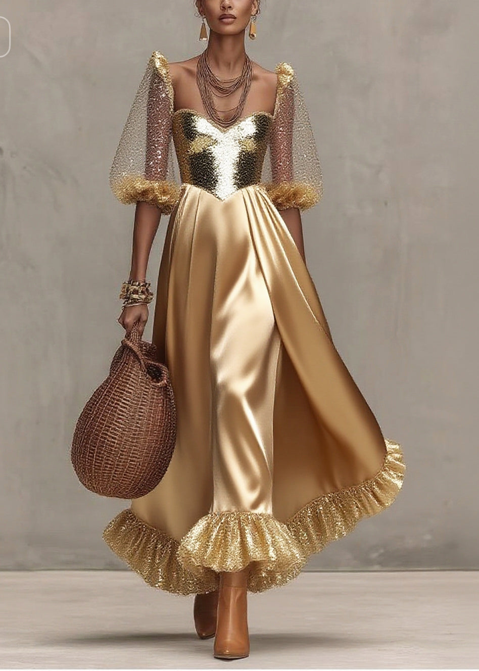Sequin Sweetheart Puff Sleeve Bustier Ruffle Hem Maxi Evening Dress