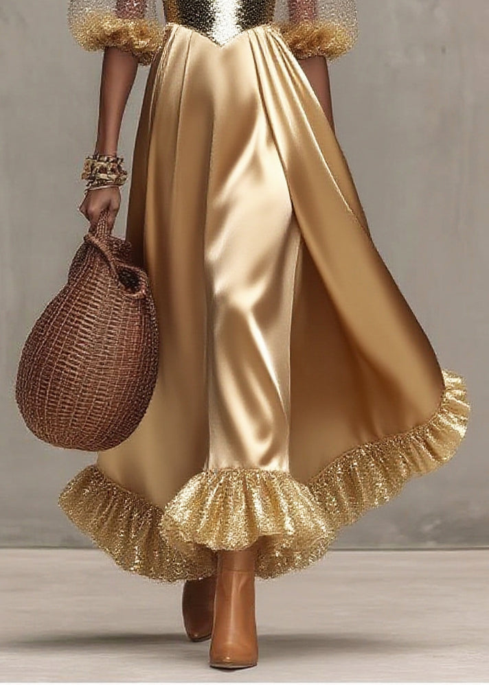 Sequin Sweetheart Puff Sleeve Bustier Ruffle Hem Maxi Evening Dress - View 4