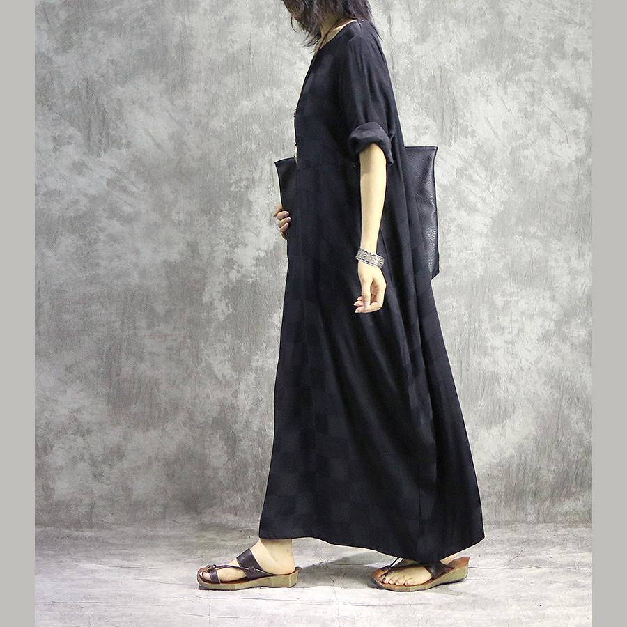 Check Print Round Neck Short Sleeve Pleated Cocoon Maxi Dress - View 3