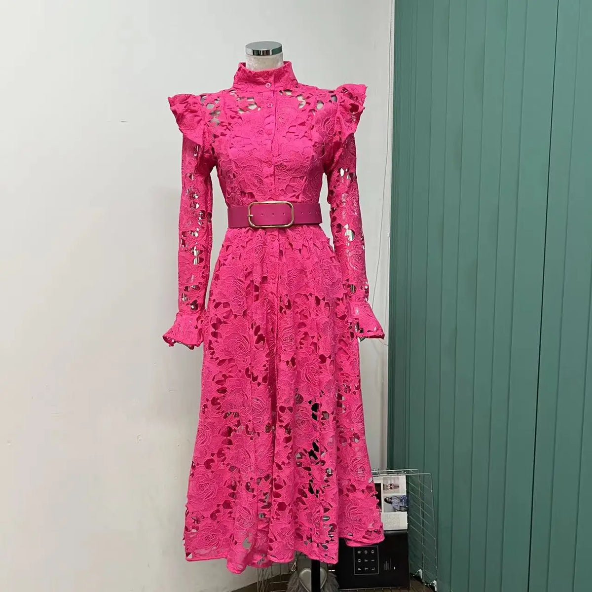 Lace Ruffle Shoulder Button Front Belted Long Sleeve Midi Dress - View 11