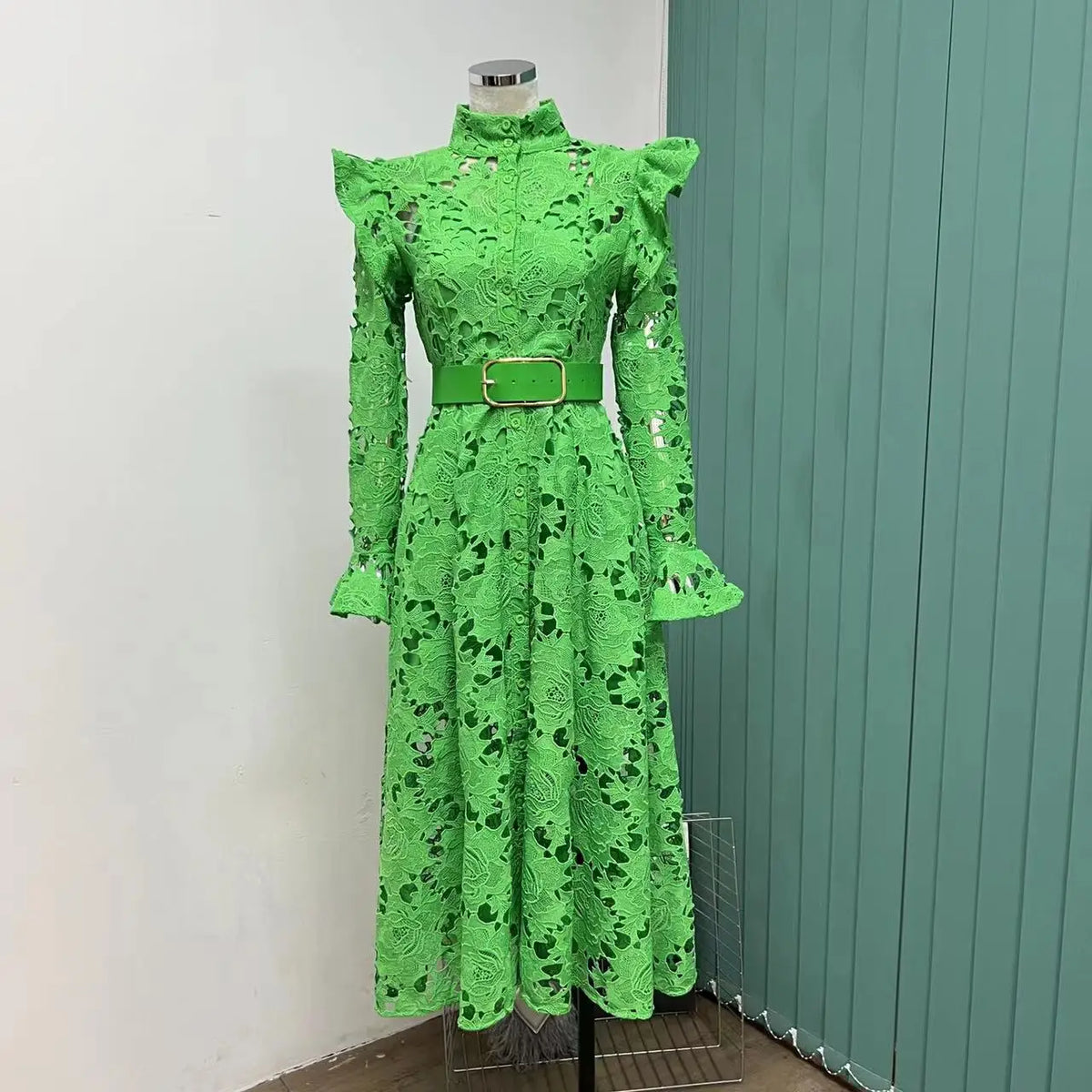 Lace Ruffle Shoulder Button Front Belted Long Sleeve Midi Dress - View 8