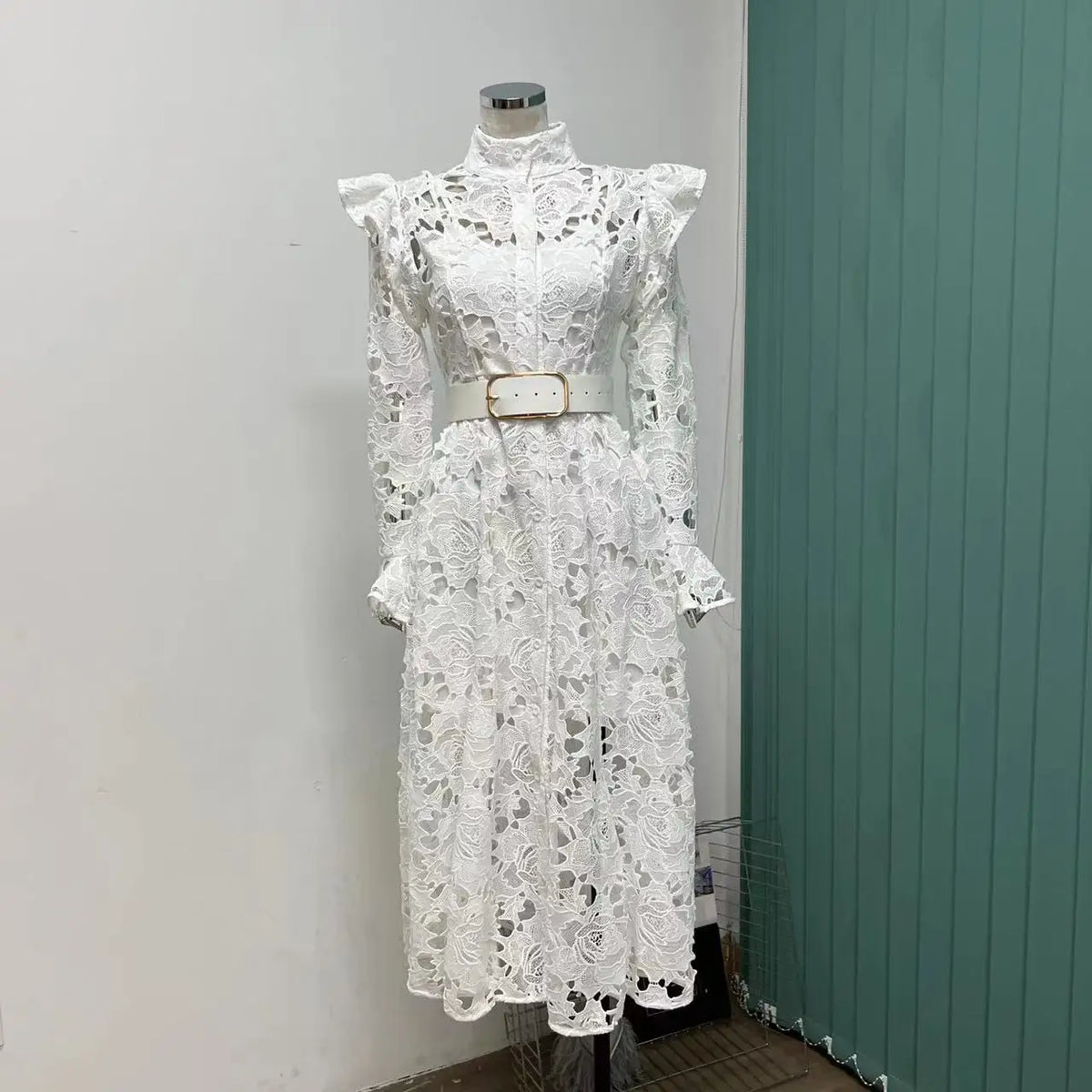 Lace Ruffle Shoulder Button Front Belted Long Sleeve Midi Dress - View 10