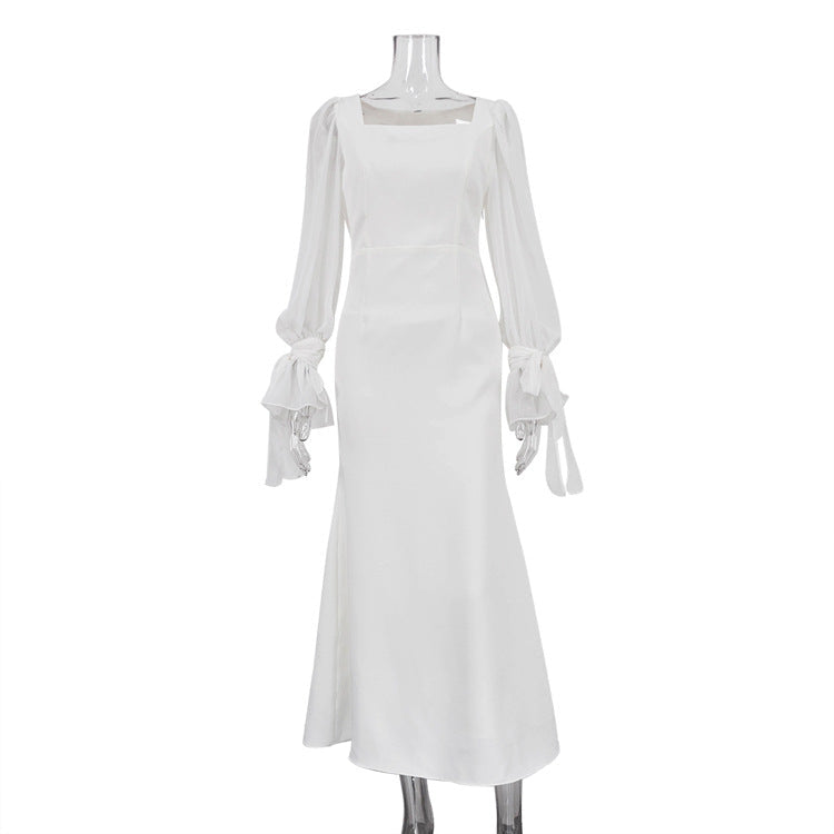 Mesh Square Neck Puff Sleeve Tie Cuff Fishtail Maxi Gown - View 2