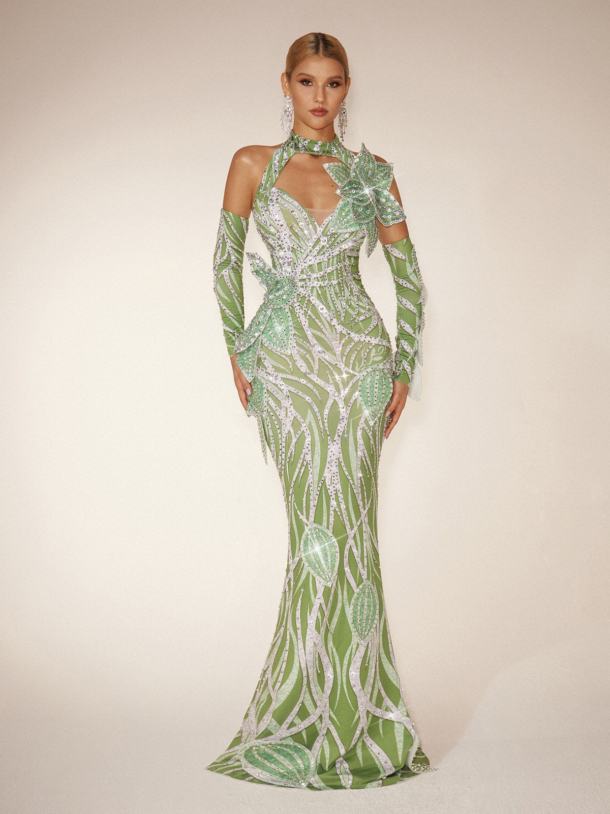 Halter Neck Cut Out Leaf Sequin Mermaid Maxi Gown With Arm Sleeves