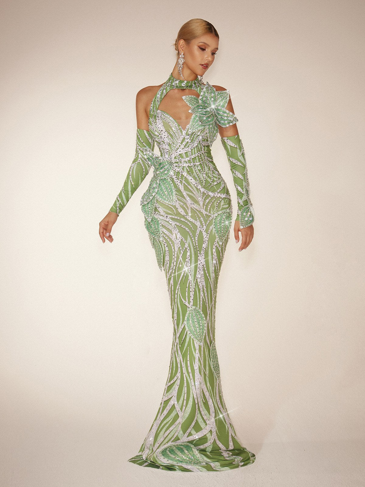 Halter Neck Cut Out Leaf Sequin Mermaid Maxi Gown With Arm Sleeves - View 5