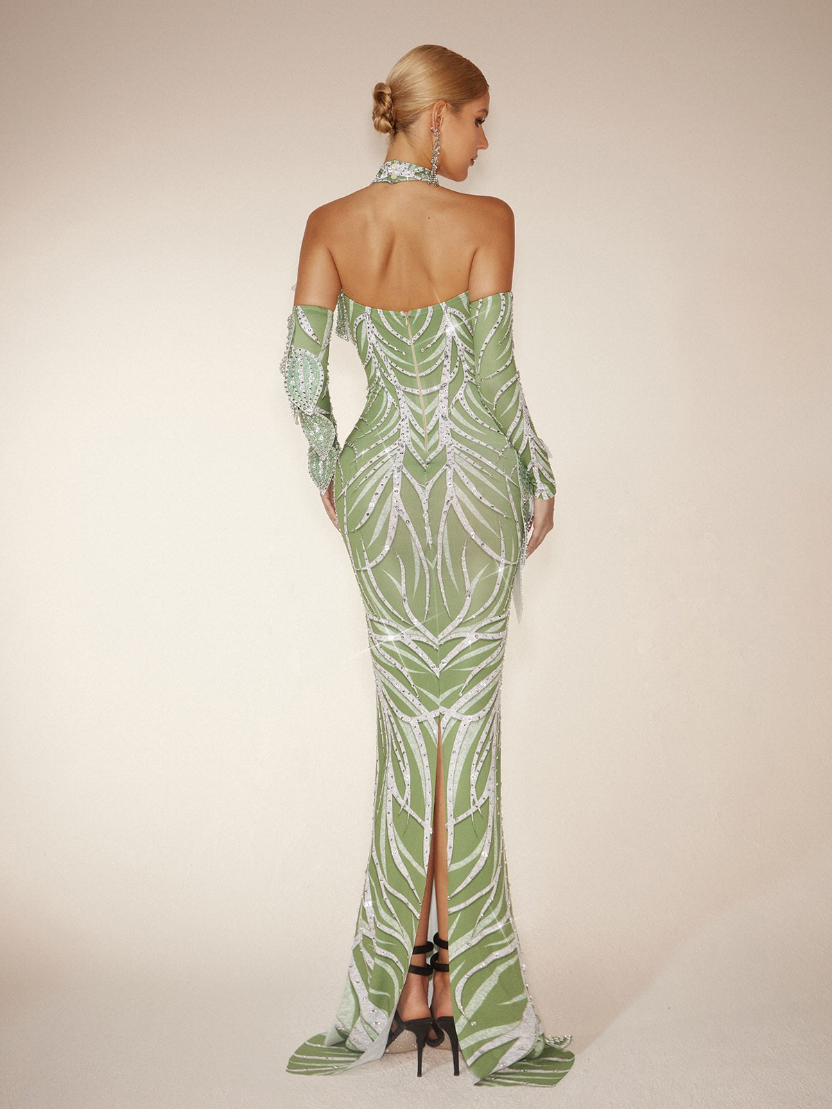 Halter Neck Cut Out Leaf Sequin Mermaid Maxi Gown With Arm Sleeves - View 6
