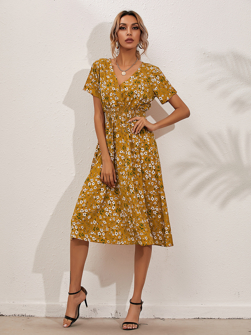 Wrap V-Neck Flutter Sleeve Smocked Waist A-Line Midi Summer Dress - View 12