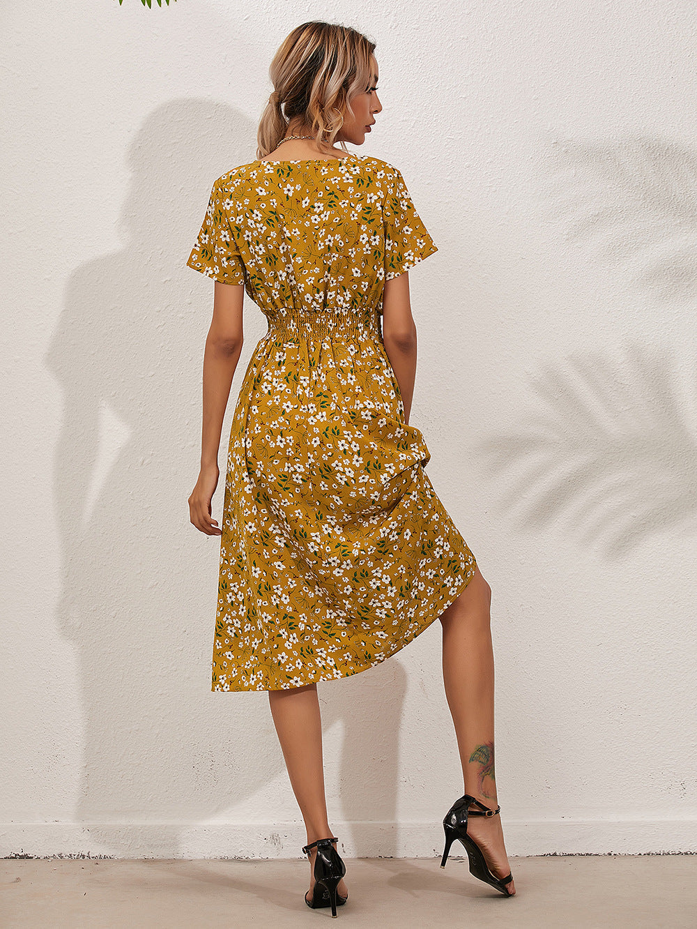 Wrap V-Neck Flutter Sleeve Smocked Waist A-Line Midi Summer Dress - View 4