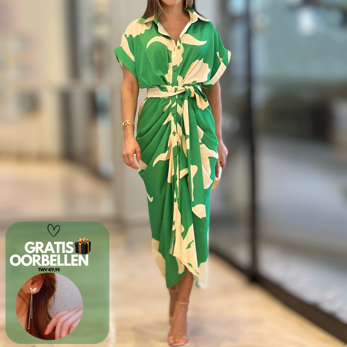 Abstract Print Collar Button Front Tie Waist Maxi Shirt Dress - View 9