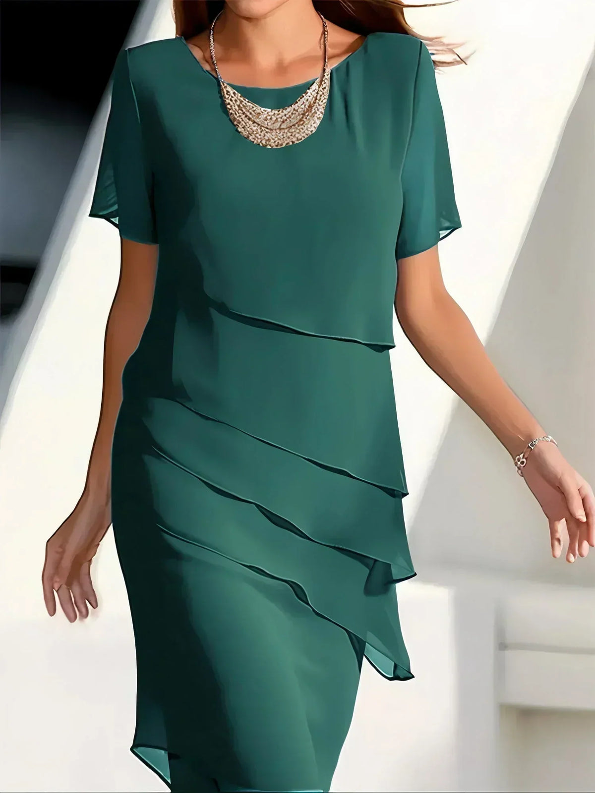 Chiffon Scoop Neck Flutter Sleeve Tiered Cascade Cocktail Midi Dress - View 4