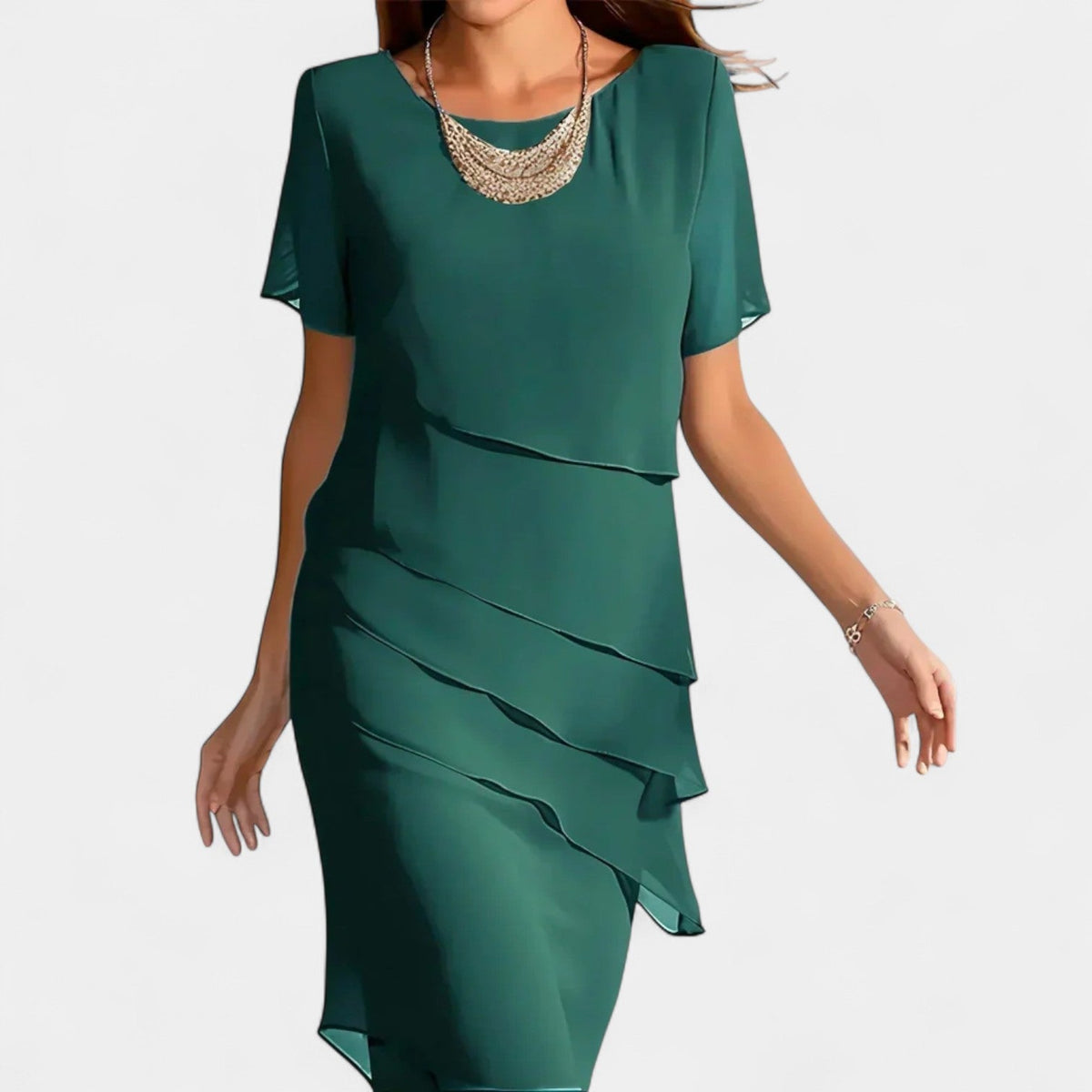 Chiffon Round Neck Short Sleeve Tiered Midi Dress 3