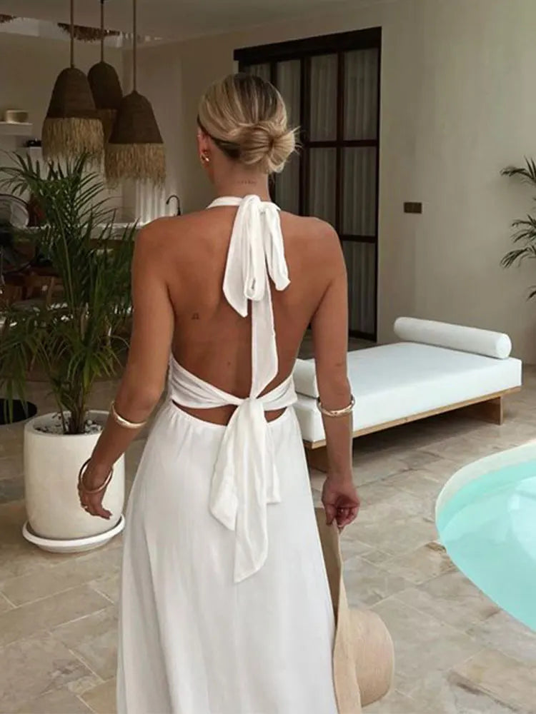 Halter Neck Deep V-Neck Ruched Waist High Split Maxi Gown - View 8
