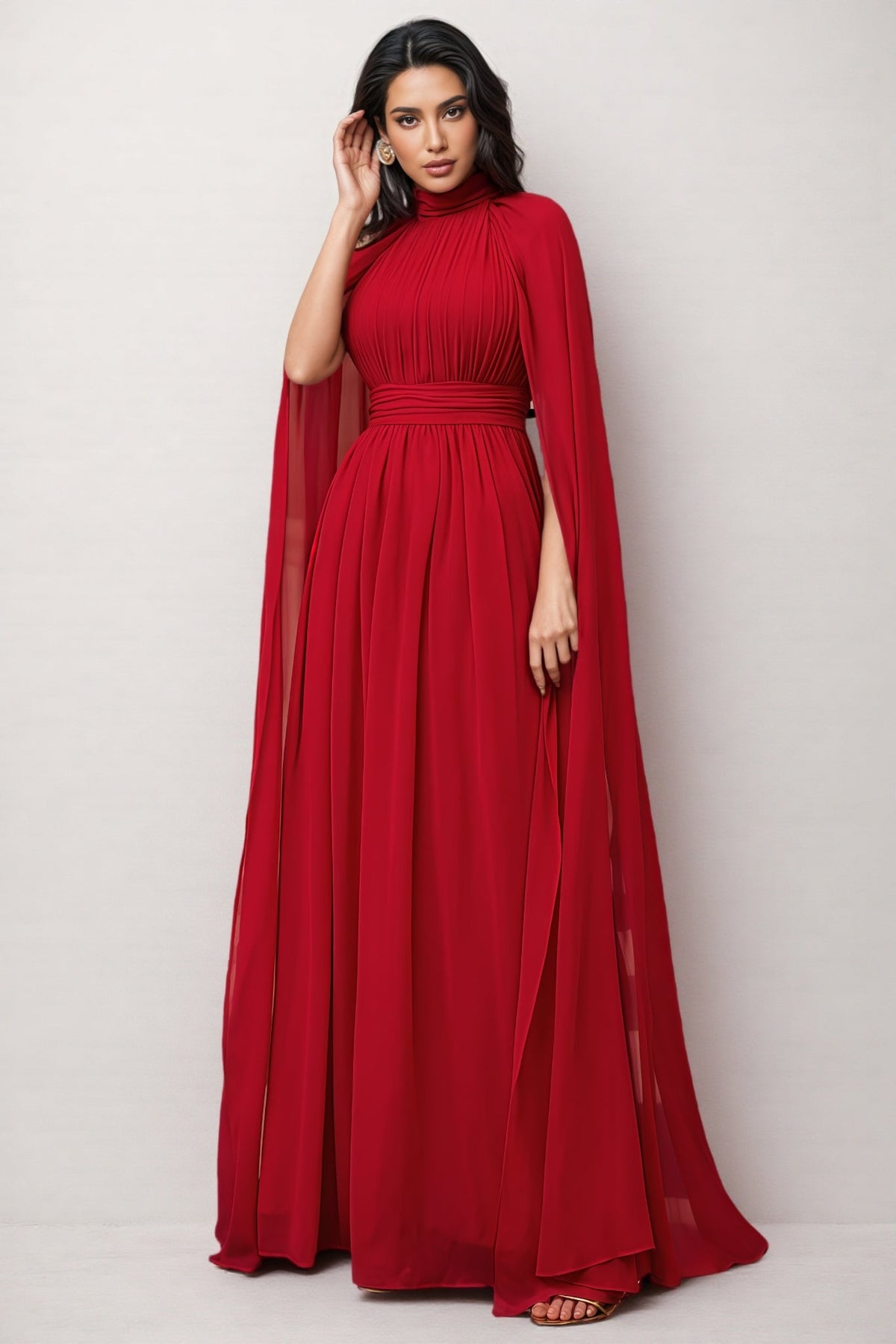 Berit Red Cape Sleeve Mesh Maxi Dress - View 4