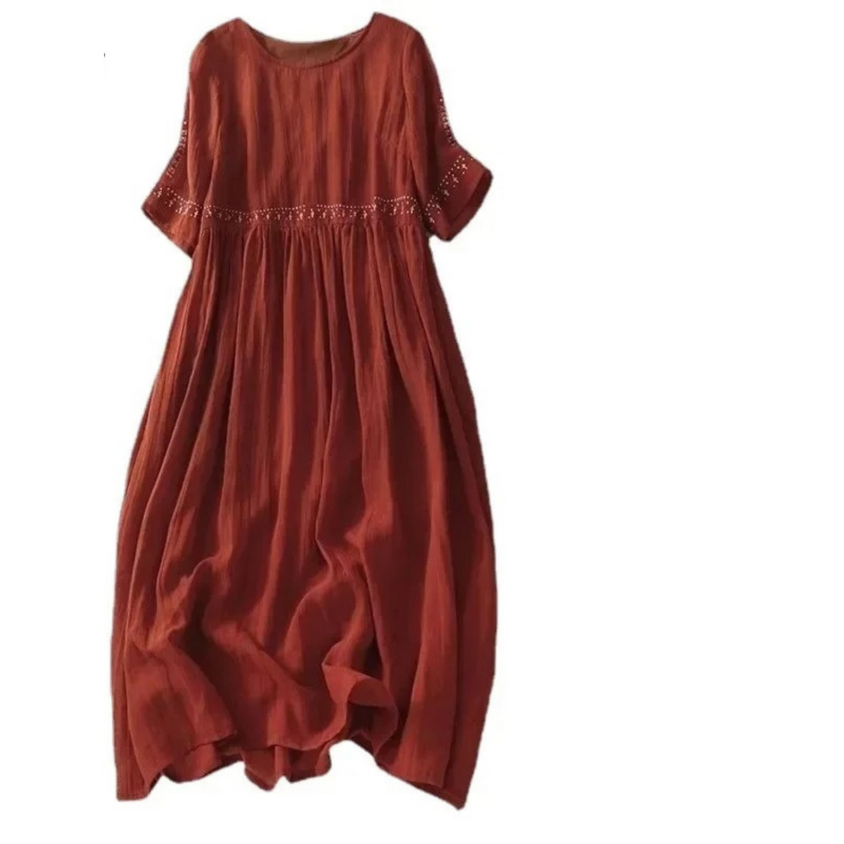 Embroidered Empire Waist Linen Look Summer Midi Dress - View 2