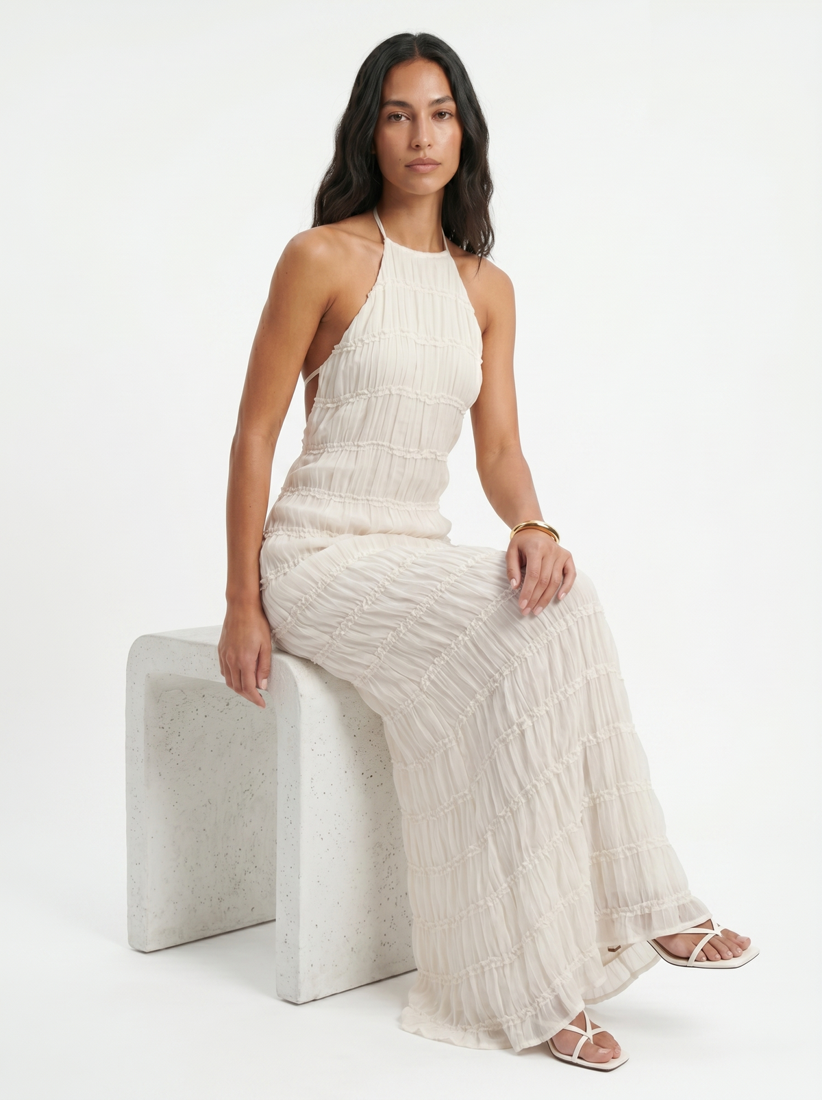 Textured Halter Neck Sleeveless Column Maxi Dress 4