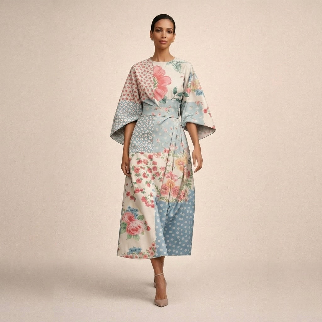Floral Print Boat Neck Wide Sleeve A-Line Midi Dress 2