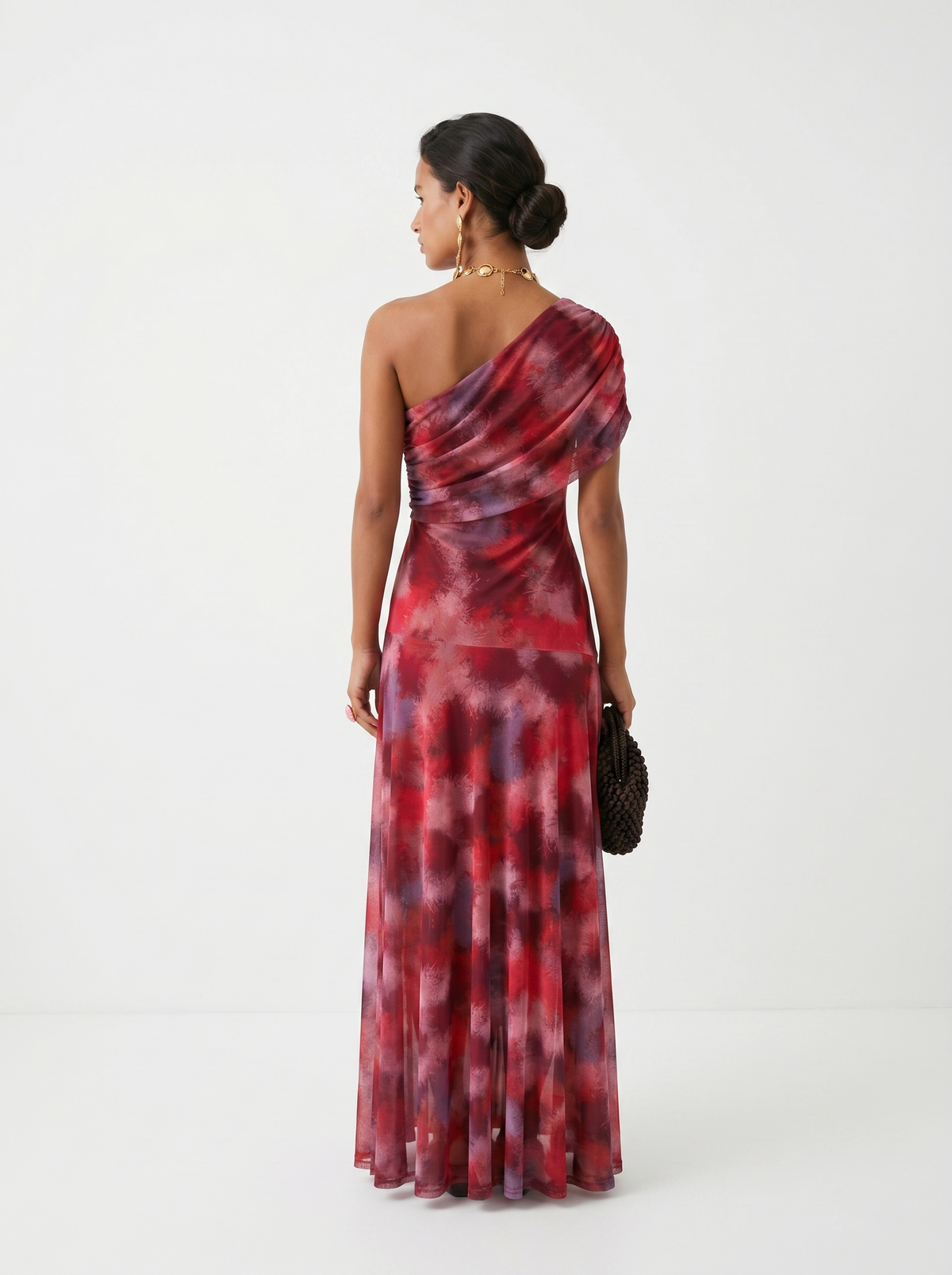 Abstract Print Chiffon One Shoulder Ruched Maxi Gown 6