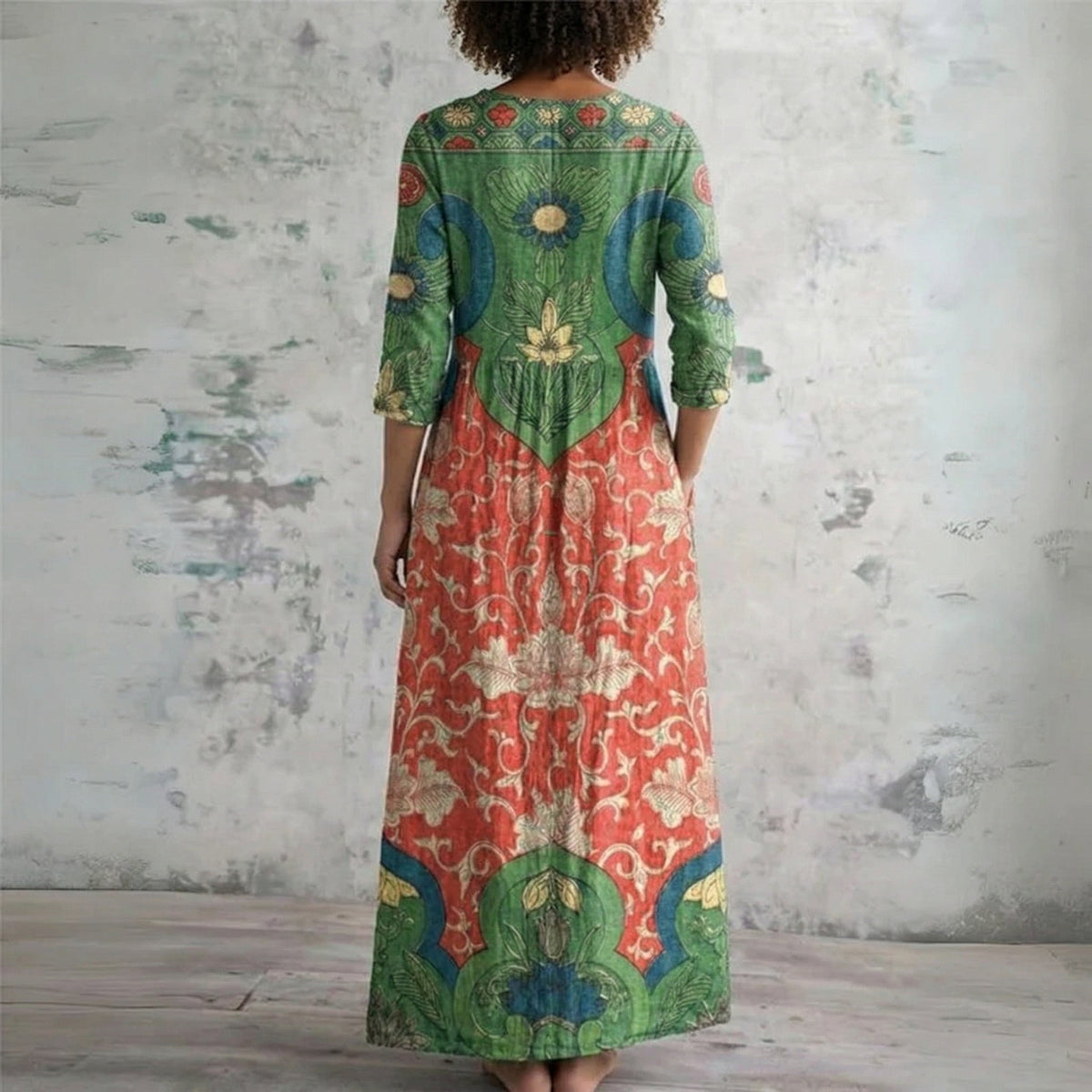 Floral Print V-Neck Long Sleeve Pocket Maxi Dress 4