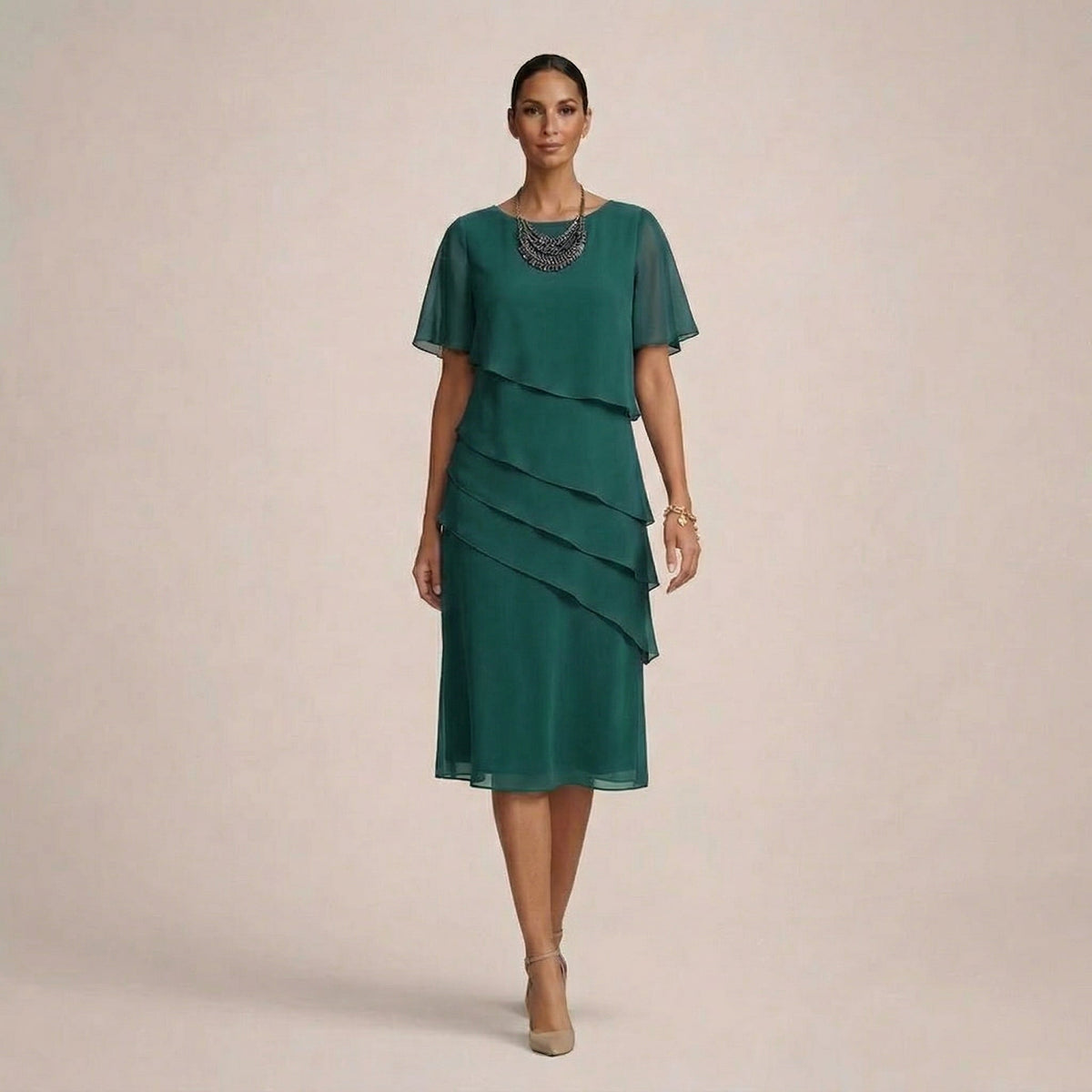 Round Neck Flutter Sleeve Tiered Ruffle Chiffon Midi Dress 4