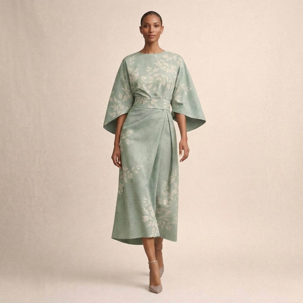 Floral Print Boat Neck Wide Sleeve A-Line Midi Dress 4