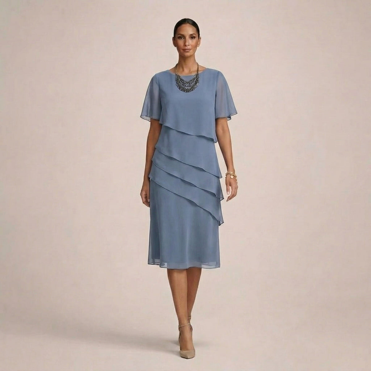 Round Neck Flutter Sleeve Tiered Ruffle Chiffon Midi Dress 2