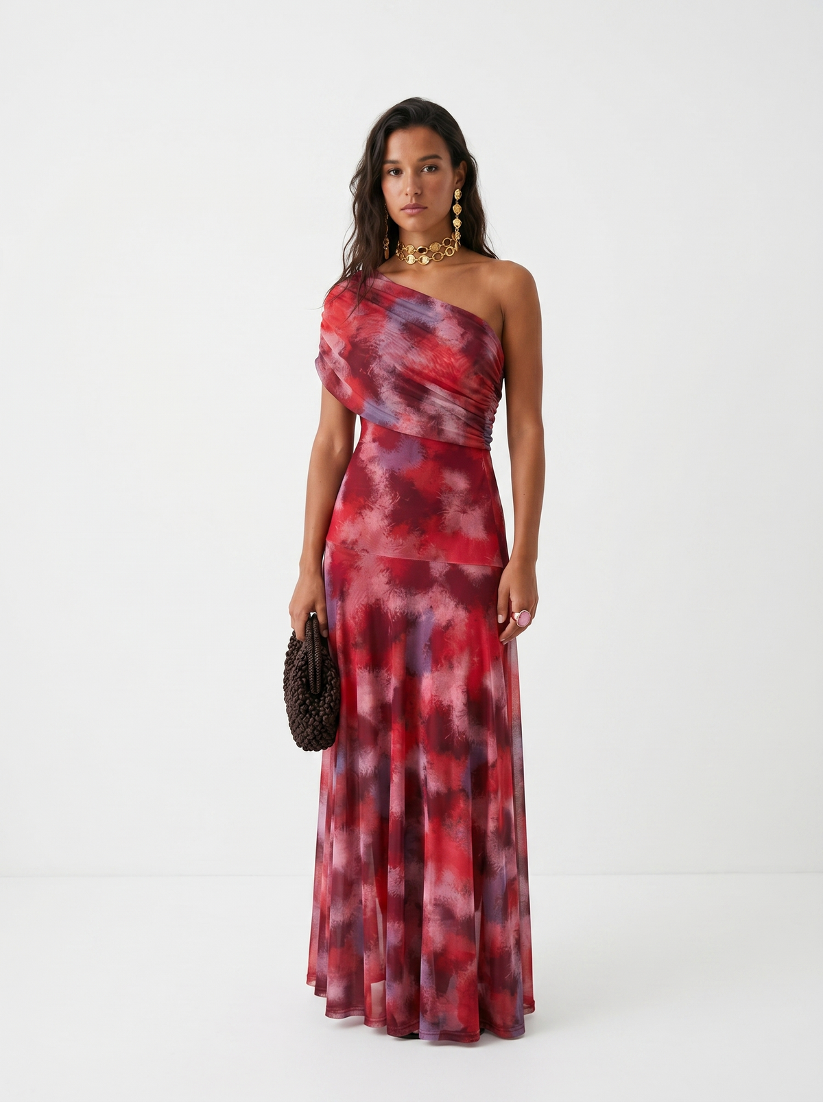 Abstract Print Chiffon One Shoulder Ruched Maxi Gown 3